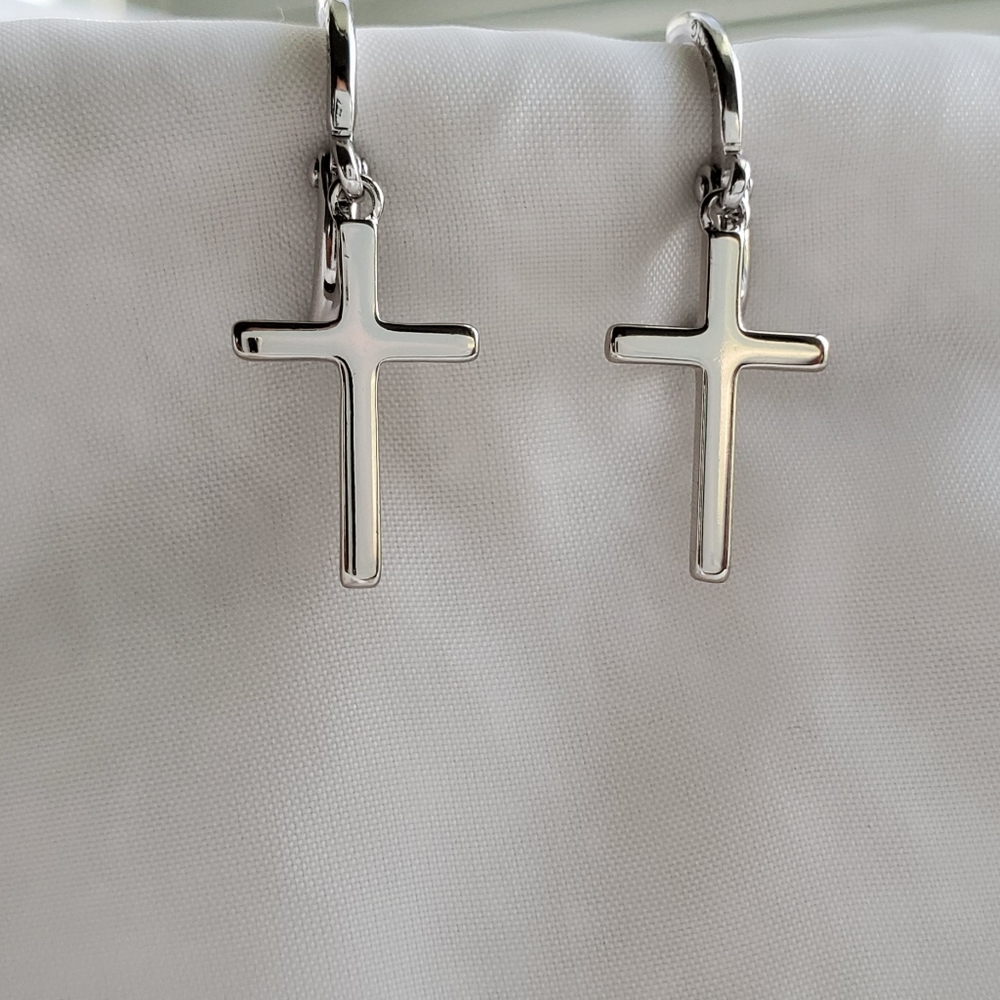 14K White Gold Plated Cross Dangle Drop Earrings